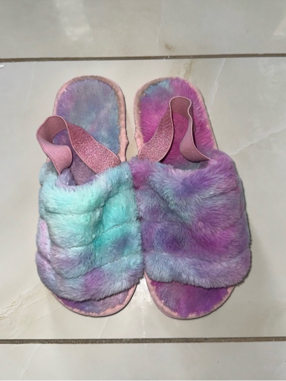 Plush Tie-Dye Pastel Fur Slide Sandals